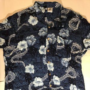 Kennington Ltd. Blue Dragon Oriental Hawaiian Shirt Size XL